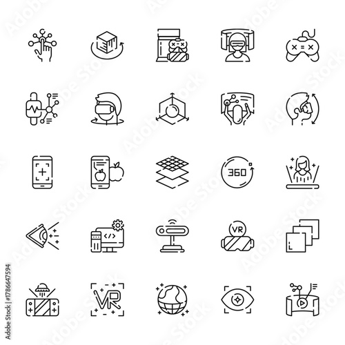 25 set of outline web virtual reality icons such as cube, smartwatch, smartphone, vision, console vector thin icons for report, presentation, diagram, web design, mobile app