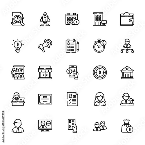 25 set of outline web business icons such as rocket, light bulb, presentation, working, businessman vector thin icons for report, presentation, diagram, web design, mobile app