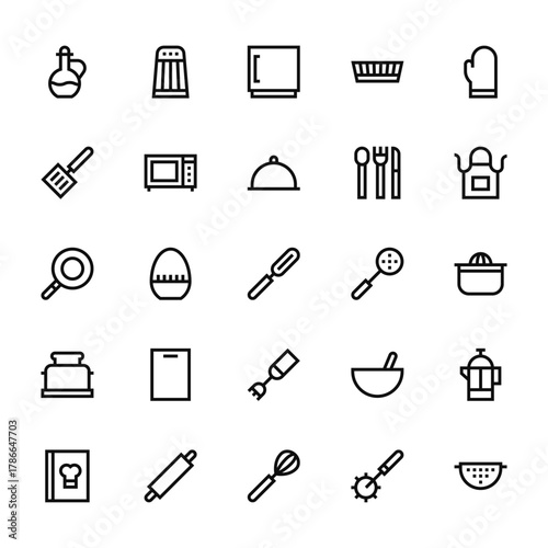 25 set of outline web cooking icons such as salt shaker, spatula, pan, toaster, recipe book vector thin icons for report, presentation, diagram, web design, mobile app