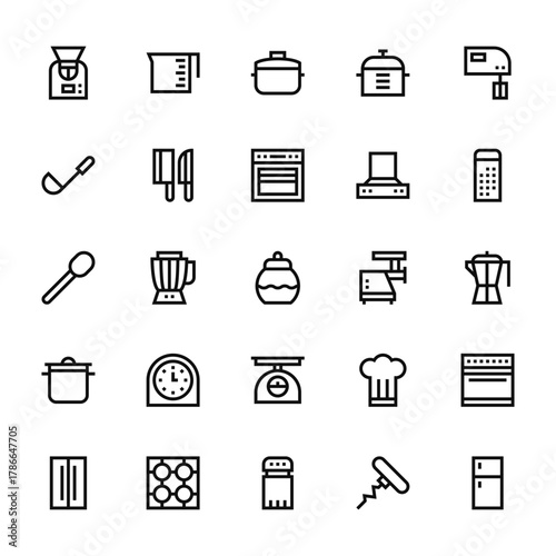 25 set of outline web cooking icons such as measure cup, ladle, ladle, cooking, fridge vector thin icons for report, presentation, diagram, web design, mobile app