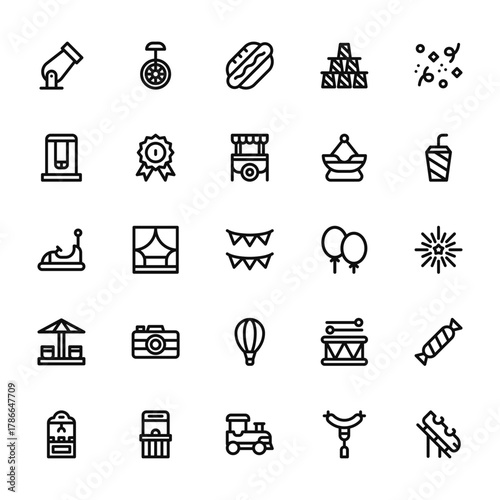 25 set of outline web fair icons such as monocycle, swing, bumper car, cups, claw vector thin icons for report, presentation, diagram, web design, mobile app
