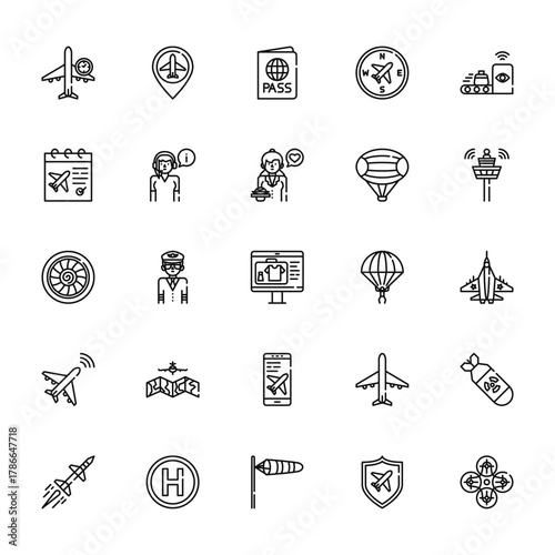 25 set of outline web aviation icons such as placeholder, schedule, turbine, airplane, missile vector thin icons for report, presentation, diagram, web design, mobile app