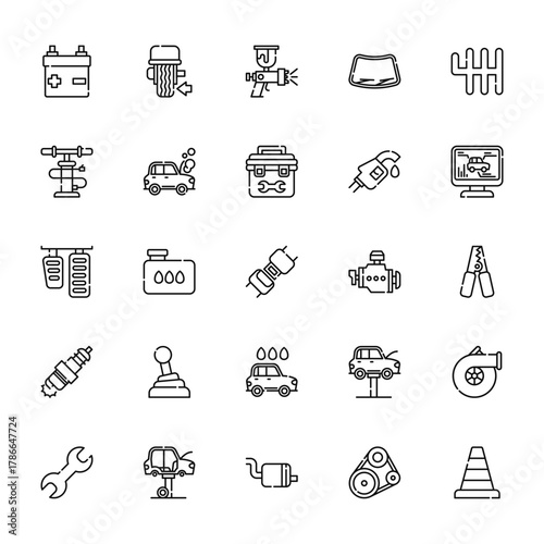 25 set of outline web car repair icons such as balance, air pump, brake pedal, spark plug, wrench vector thin icons for report, presentation, diagram, web design, mobile app