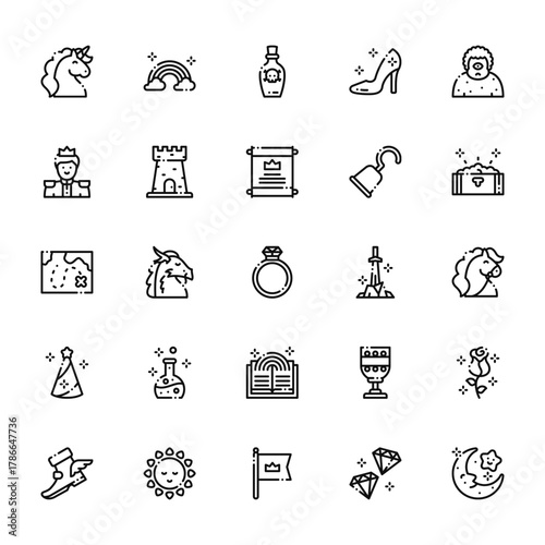 25 set of outline web fairytale icons such as rainbow, king, treasure map, fairy hat, magic boot vector thin icons for report, presentation, diagram, web design, mobile app