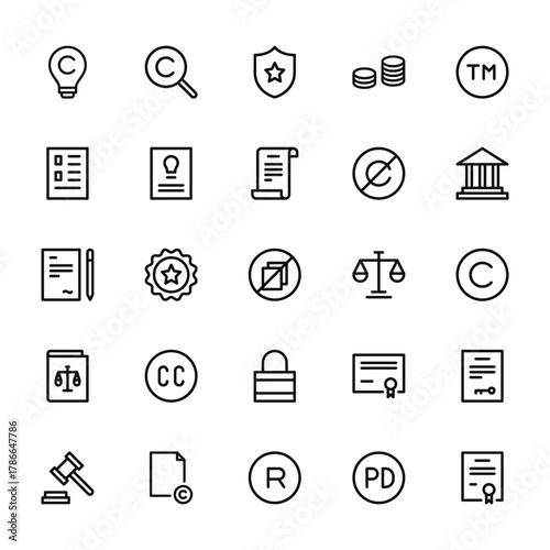 25 set of outline web copyright icons such as copyright, content,  , law book, law vector thin icons for report, presentation, diagram, web design, mobile app