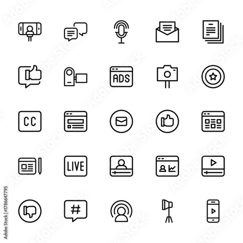 25 set of outline web influencer icons such as comment, chat, caption, blogger, dislike vector thin icons for report, presentation, diagram, web design, mobile app