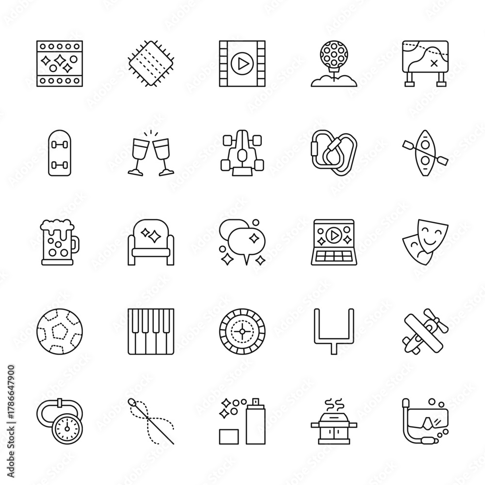 Fototapeta premium 25 set of outline web hobbies icons such as patch, skateboarding, beer, soccer, racing vector thin icons for report, presentation, diagram, web design, mobile app
