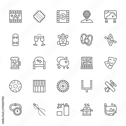 25 set of outline web hobbies icons such as patch, skateboarding, beer, soccer, racing vector thin icons for report, presentation, diagram, web design, mobile app