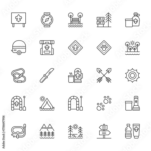 25 set of outline web scouts icons such as wristwatch, trailer, carabiner, raft, snorkel vector thin icons for report, presentation, diagram, web design, mobile app