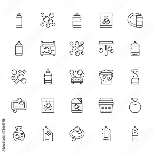 25 set of outline web housekeeping icons such as bubbles, bottle, bubbles, bathtub, spray vector thin icons for report, presentation, diagram, web design, mobile app