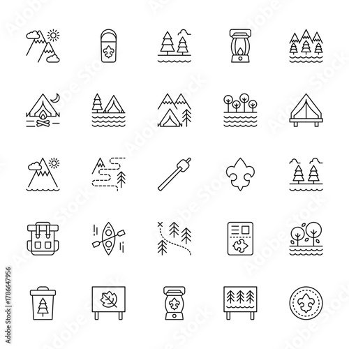 25 set of outline web scouts icons such as lapel pin, camp, mountain, backpack, bin vector thin icons for report, presentation, diagram, web design, mobile app