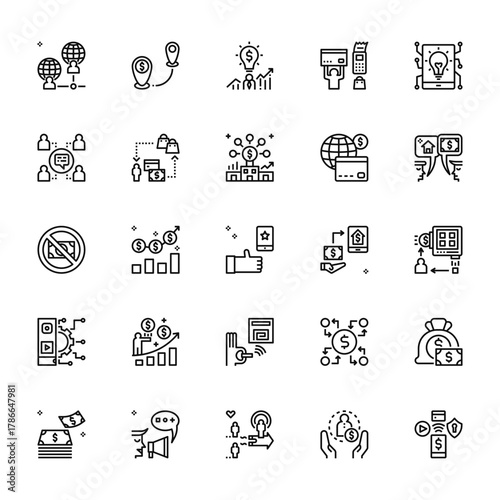 25 set of outline web cashless society icons such as placeholder, social network, no, technology, money vector thin icons for report, presentation, diagram, web design, mobile app