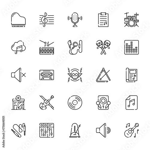 25 set of outline web music icons such as treble clef, music cloud, mute, music store, connector vector thin icons for report, presentation, diagram, web design, mobile app