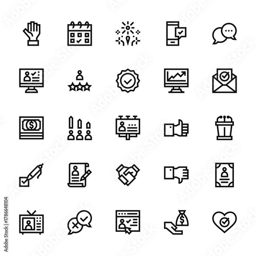 25 set of outline web voting elections icons such as calendar, vote, money, check, live show vector thin icons for report, presentation, diagram, web design, mobile app