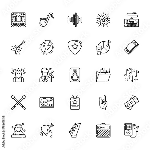25 set of outline web music icons such as sax, electric guitar, punk, drumsticks, dj vector thin icons for report, presentation, diagram, web design, mobile app