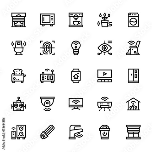 25 set of outline web smart home icons such as oven, toilet, toaster, robot, speaker vector thin icons for report, presentation, diagram, web design, mobile app