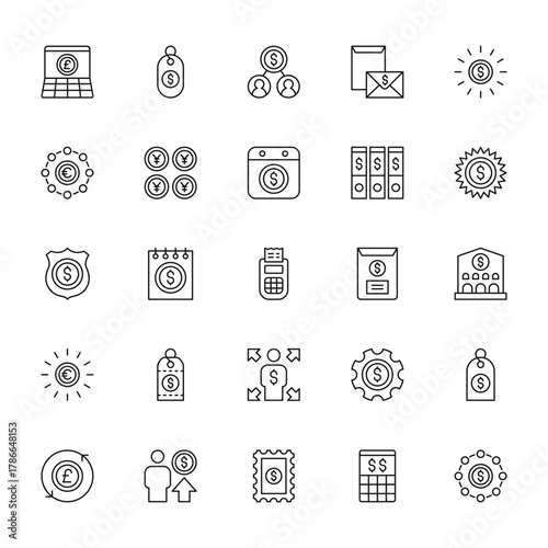 25 set of outline web money icons such as price tag, euro, badge, euro, pound sterling vector thin icons for report, presentation, diagram, web design, mobile app