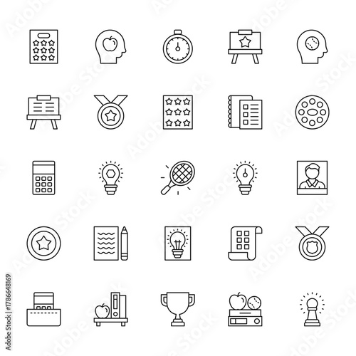 25 set of outline web education icons such as head, blackboard, calculator, medal, calculator vector thin icons for report, presentation, diagram, web design, mobile app