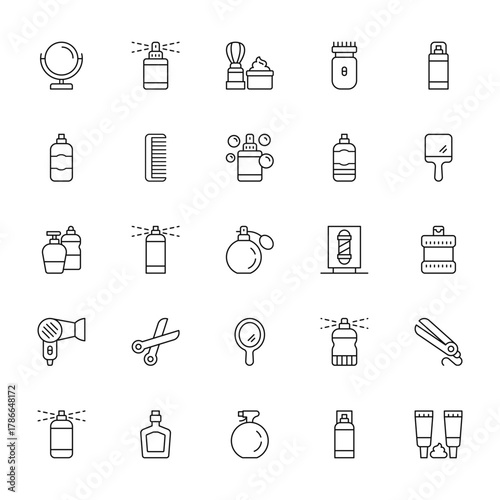 25 set of outline web barber shop icons such as perfume, shaving foam, gel, hairdryer, hairspray vector thin icons for report, presentation, diagram, web design, mobile app