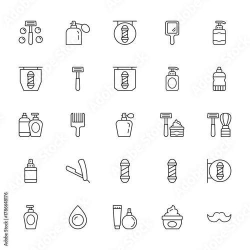 25 set of outline web barber shop icons such as cologne, barber pole, gel, hair spray, gel vector thin icons for report, presentation, diagram, web design, mobile app