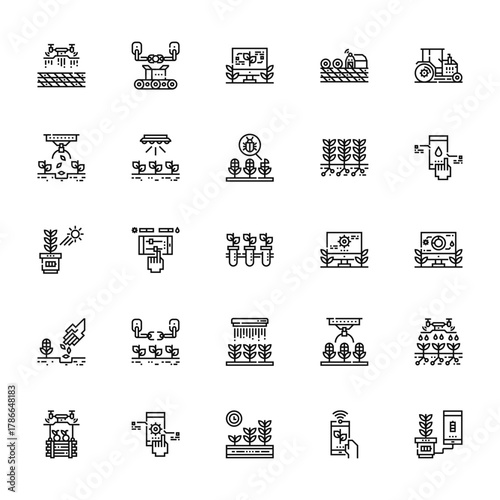 25 set of outline web smart farm icons such as conveyor, smart farm, green energy, seeding, harvest vector thin icons for report, presentation, diagram, web design, mobile app
