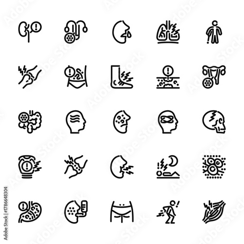 25 set of outline web disease icons such as infection, arthraia, intestines, throat, stoh vector thin icons for report, presentation, diagram, web design, mobile app