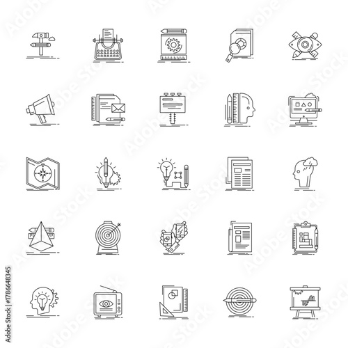25 set of outline web advertising icons such as typewriter, advertising, map, d, creativity vector thin icons for report, presentation, diagram, web design, mobile app