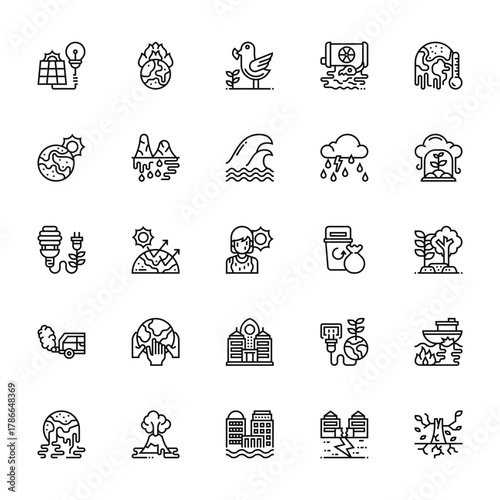 25 set of outline web global warming icons such as warming, warming, energy, pollution, vector thin icons for report, presentation, diagram, web design, mobile app