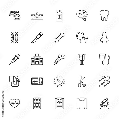 25 set of outline web medical icons such as skin, dna, injection, blood pressure, cardio vector thin icons for report, presentation, diagram, web design, mobile app