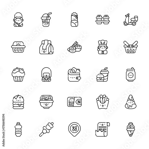 25 set of outline web take away icons such as juice, tupper, muffin, burger, water bottle vector thin icons for report, presentation, diagram, web design, mobile app