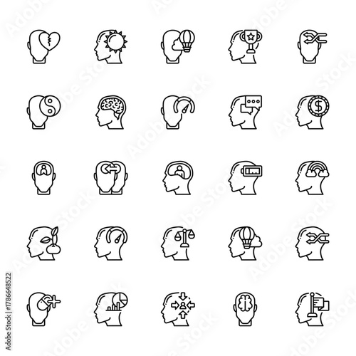 25 set of outline web human mind icons such as happy, balance, schizophrenia, growth, mental health vector thin icons for report, presentation, diagram, web design, mobile app