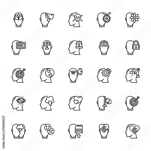 25 set of outline web human mind icons such as calm, knowledge, target, vision, conflict vector thin icons for report, presentation, diagram, web design, mobile app