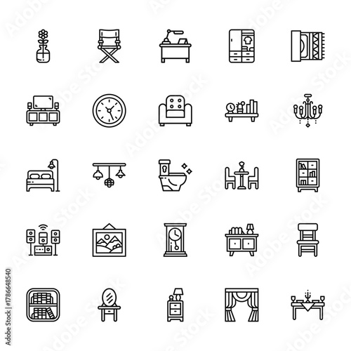 25 set of outline web furnitures icons such as director chair, cabinet, bed, speakers, bookshelf vector thin icons for report, presentation, diagram, web design, mobile app