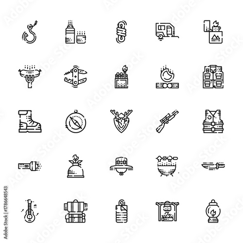 25 set of outline web camping icons such as thermo, sausage, boot, flashlight, guitar vector thin icons for report, presentation, diagram, web design, mobile app