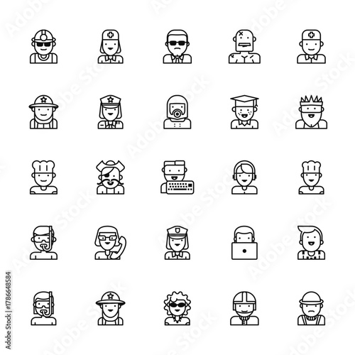 25 set of outline web jobs icons such as nurse, fireman, chef, snorkel, snorkel vector thin icons for report, presentation, diagram, web design, mobile app