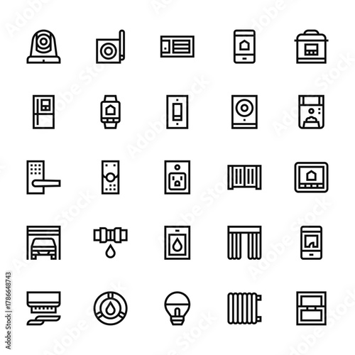 25 set of outline web home automation icons such as receiver, fridge, lock, garage, smoke detector vector thin icons for report, presentation, diagram, web design, mobile app