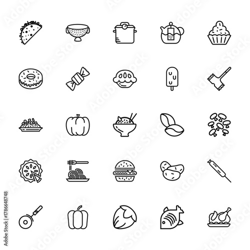 25 set of outline web gastronomy collection icons such as strainer, doughnut, risotto, pie, pizza vector thin icons for report, presentation, diagram, web design, mobile app