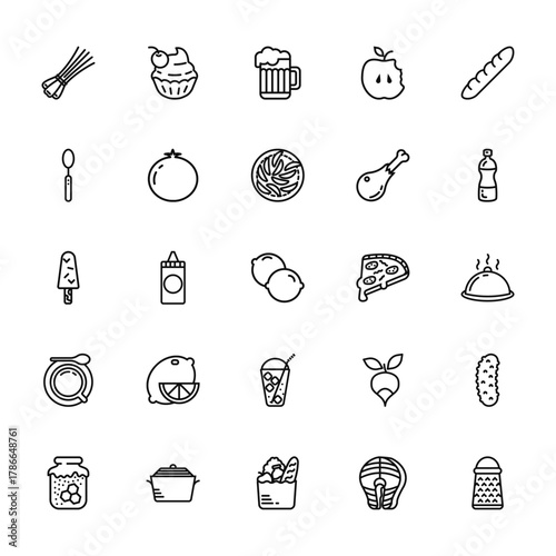 25 set of outline web gastronomy collection icons such as cupcake, spoon, ice cream, coffee, honey vector thin icons for report, presentation, diagram, web design, mobile app