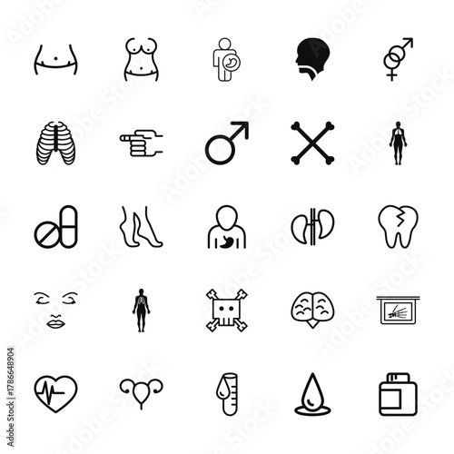 25 set of outline web body parts icons such as female torso, human ribs bones, tablet and capsule medications, face of a woman, heart shape with beats line vector thin icons for report,