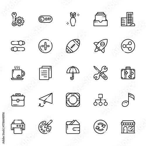 25 set of outline web tab bar and settings icons such as off, tings, coffee, business, printer vector thin icons for report, presentation, diagram, web design, mobile app