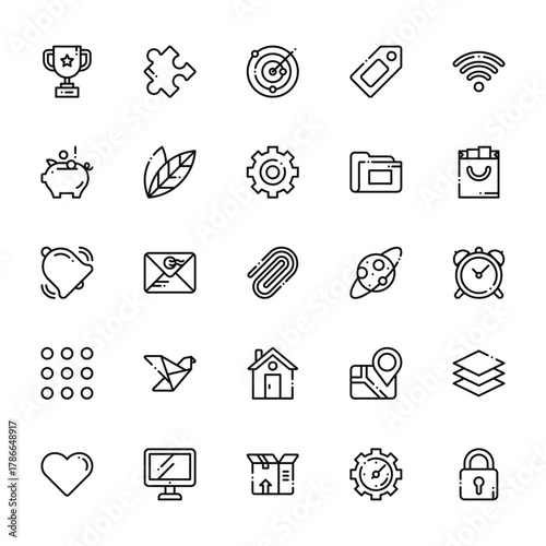 25 set of outline web tab bar and settings icons such as game, piggy bank, bell, menu, favorite vector thin icons for report, presentation, diagram, web design, mobile app