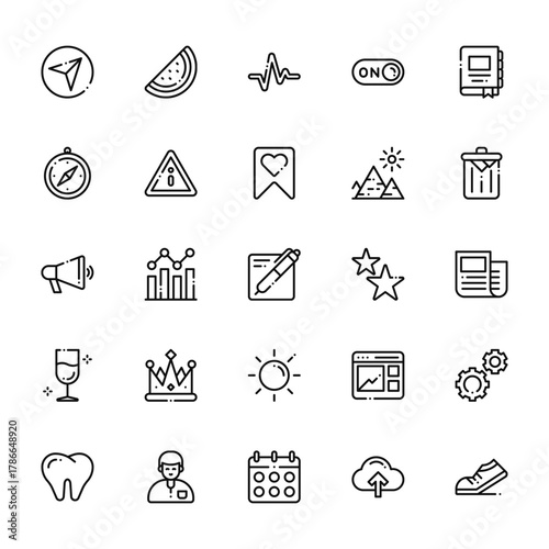 25 set of outline web tab bar and settings icons such as fruit, compass, advertising, wine, dentist vector thin icons for report, presentation, diagram, web design, mobile app