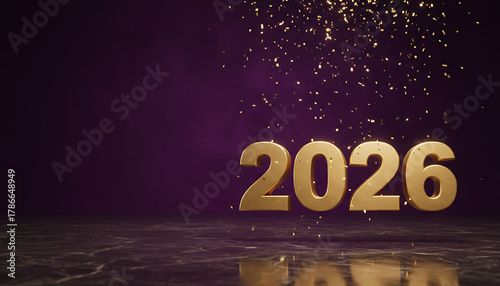 Happy New Year poster with golden letters 2026 on dark shimmering purple and dark blue background Happy Celebration Sparkles Banner Generative AI	