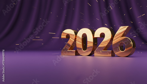 Happy New Year poster with golden letters 2026 on dark shimmering purple and dark blue background Happy Celebration Sparkles Banner Generative AI	