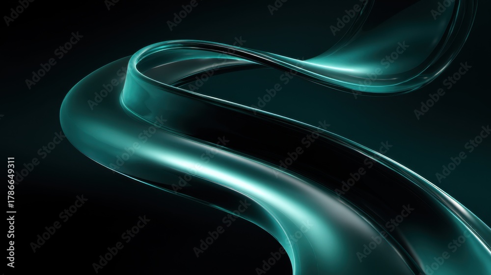 Obraz premium a dark green background with an abstract, semi-transparent s-shaped curved ribbon in the center. the shape is dark and has a glossy finish that appears to be made of plastic or glass 