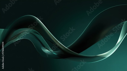 a dark green background with an abstract, semi-transparent s-shaped curved ribbon in the center. the shape is dark and has a glossy finish that appears to be made of plastic or glass
