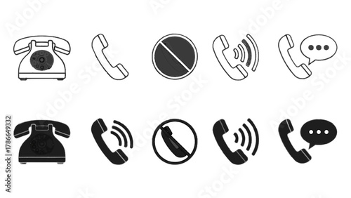 Vector illustration of set of telephone and communication icons including rotary phone and call symbols on a white background