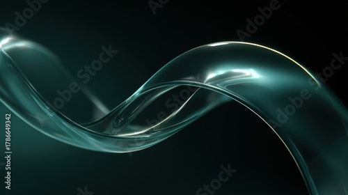 a dark green background with an abstract, semi-transparent s-shaped curved ribbon in the center. the shape is dark and has a glossy finish that appears to be made of plastic or glass
