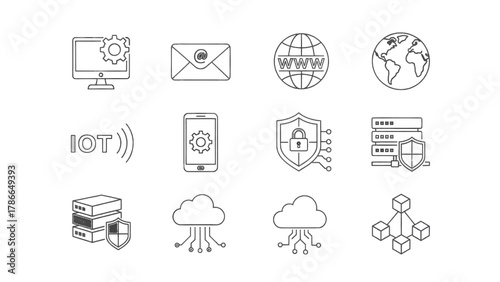 Vector illustration of set of technology and security icons, including computer, email, globe, iot, cloud, and network security on a white background