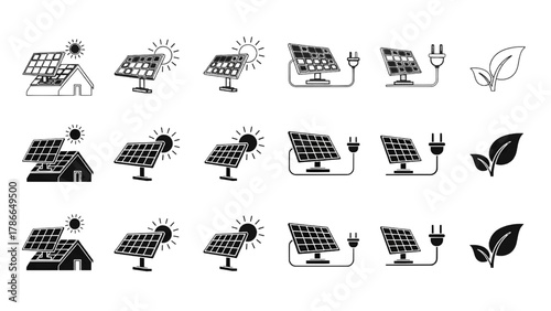 Vector illustration of collection of solar panel icons representing renewable energy generation on a white background